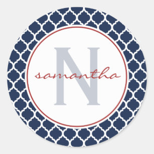 Sticker Rond Monogramme de Quatrefoil de marine