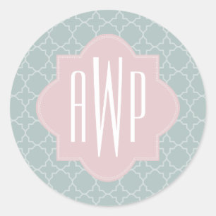 Sticker Rond Monogramme de Quatrefoil rose et vert