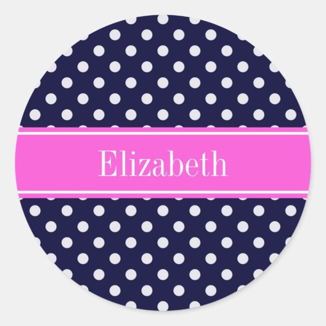 Sticker Rond Monogramme de ruban rose chaud Pois blancs de la M (Devant)