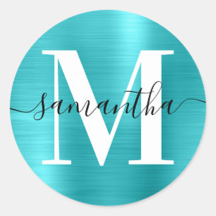 Sticker Rond Monogramme de signature bleu turquoise scintillant