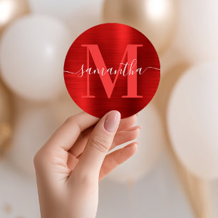 Sticker Rond Monogramme de signature en feuille rouge