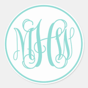 Sticker Rond Monogramme de style Turquoise Blanc Aqua Vigne, DI