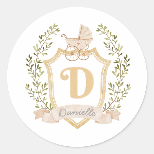 Sticker Rond Monogramme de transport de bébé D | Neutre (Devant)