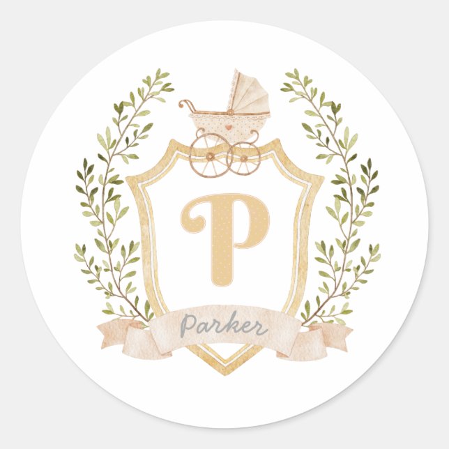 Sticker Rond Monogramme de transport de bébé P | Neutre (Devant)