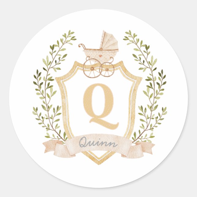 Sticker Rond Monogramme de transport de bébé Q | Neutre (Devant)