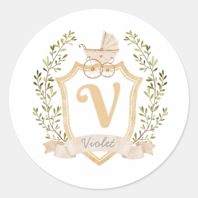 Sticker Rond Monogramme de transport de bébé V | Neutre (Devant)