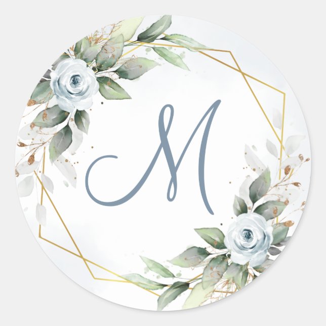 Sticker Rond Monogramme de verdure florale bleue poussiéreuse é (Devant)