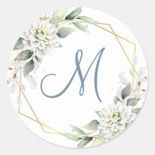 Sticker Rond Monogramme de verdure florale bleue poussiéreuse é