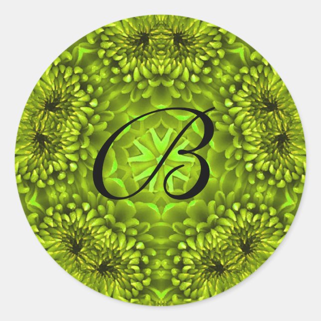 STICKER ROND MONOGRAMME DES PÉTALES DE FLEURS DE DAHLIA VERT (Devant)