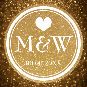 Sticker Rond Monogramme d'or brillant pour mariage de faveur au