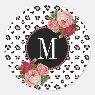 Sticker Rond Monogramme d'or Cool Vintage du léopard Rose de f