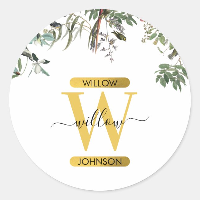 Sticker Rond Monogramme d'or Elégant Eucalyptus Verdure & Oisea (Devant)