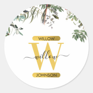 Sticker Rond Monogramme d'or Elégant Eucalyptus Verdure & Oisea