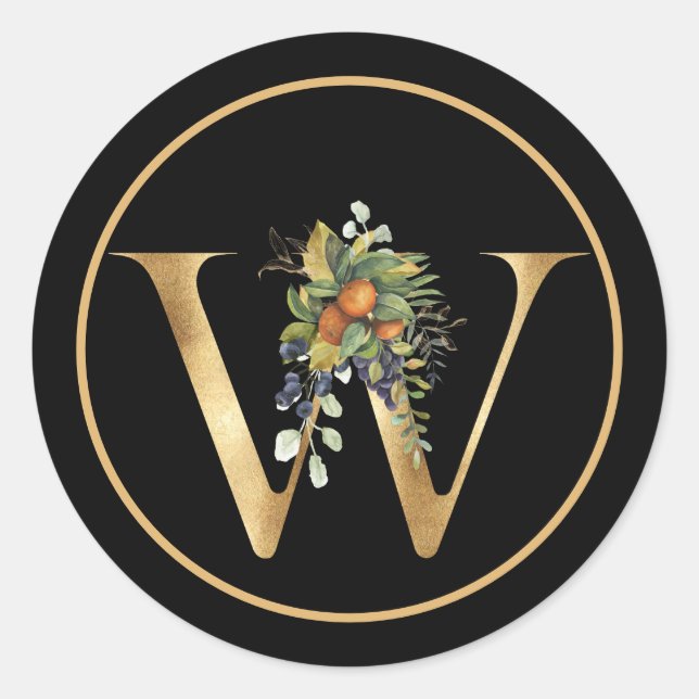 STICKER ROND MONOGRAMME D'OR ÉLÉGANT W AUX FRUITS ET FLEURS (Devant)