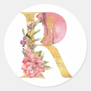 Sticker Rond MONOGRAMME D'OR lettre R avec fleur