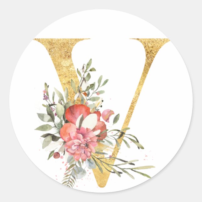 Sticker Rond MONOGRAMME D'OR lettre V avec fleur (Devant)