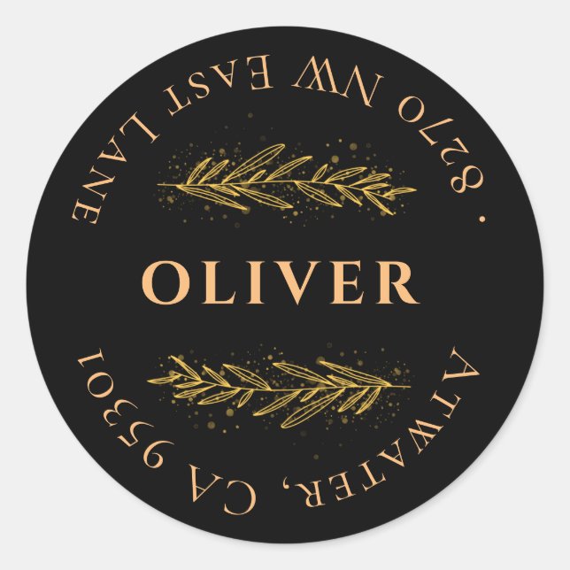 Sticker Rond Monogramme d'or noir Adresse de retour (Devant)
