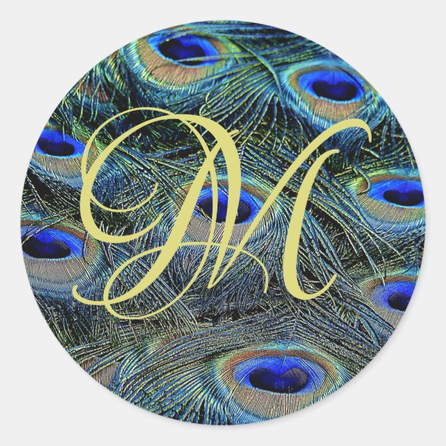 Sticker Rond Monogramme doré sur plumes de paon (Devant)