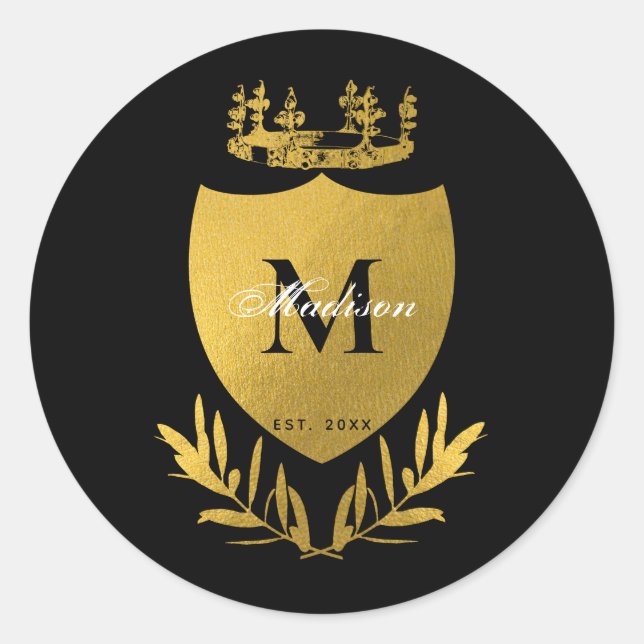 Sticker Rond Monogramme du bouclier royal noir et or (Devant)