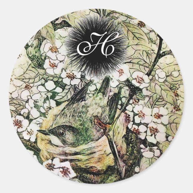Sticker Rond MONOGRAMME DU NID D'OISEAU, blanc brun vert jaune (Devant)