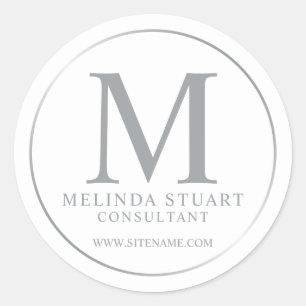 Sticker Rond Monogramme élégant blanc et argent