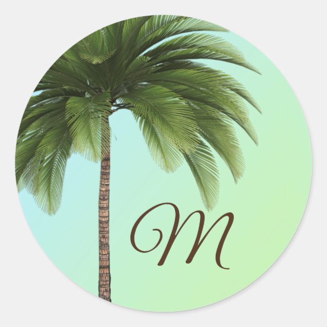 Sticker Rond Monogramme élégant et vert de palmier tropical (Devant)