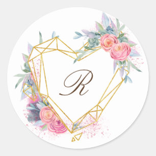 Sticker Rond monogramme élégant floral rose cœur doré