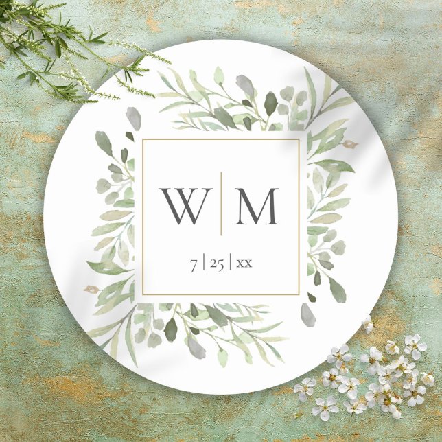 Sticker Rond Monogramme Elegant Green Mariage or (Monogram Elegant Greenery Gold Wedding Classic Round Sticker)