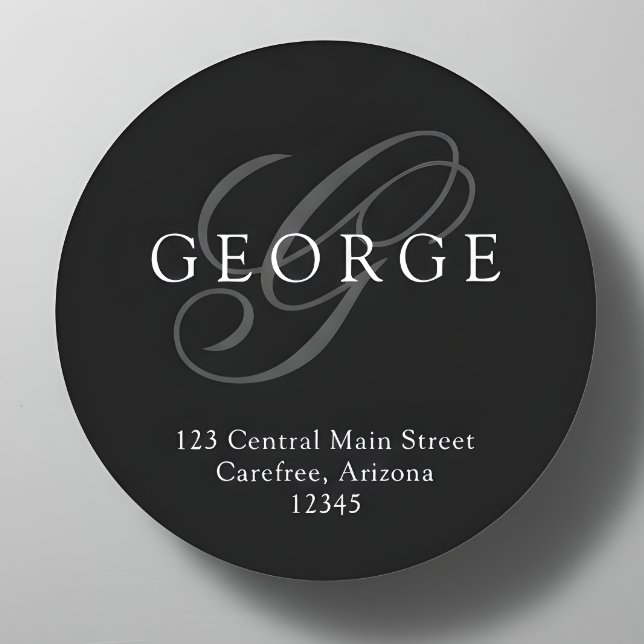 Sticker Rond Monogramme élégant gris noir Adresse (Créateur téléchargé)