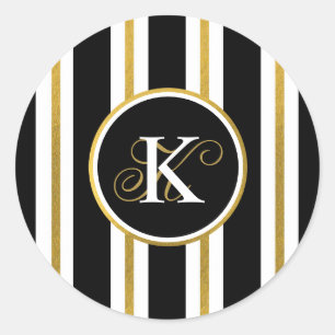 Sticker Rond Monogramme Elégant Noir & Or Personnalisé