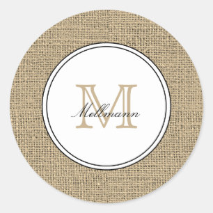 Sticker Rond Monogramme Élégant Nom Style Chic Campagne Toile d