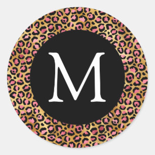 Sticker Rond Monogramme Empreinte de léopard rose et or