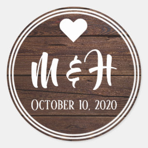 Sticker Rond Monogramme en bois rustique Date Enveloppe Sceau