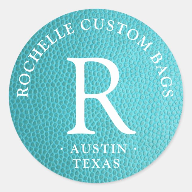 Sticker Rond Monogramme en faux cuir turquoise encerclé (Devant)