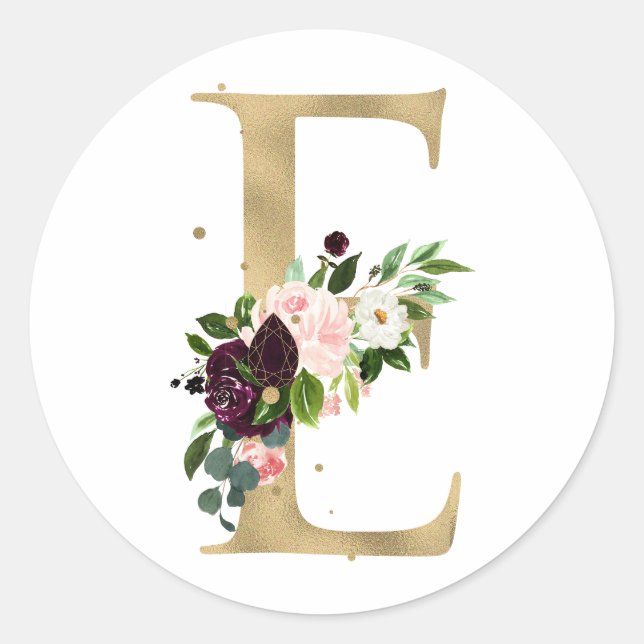 Sticker Rond Monogramme en lettres dorées fleurs bohèmes bordea (Devant)