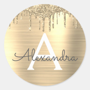 Sticker Rond Monogramme en métal brossé avec paillettes dorées