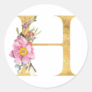 Sticker Rond Monogramme en or lettre H avec fleurs