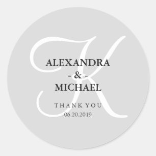 Sticker Rond Monogramme et Merci gris classique moderne
