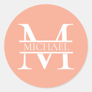 Sticker Rond Monogramme et nom de la pêche élégante personnalis
