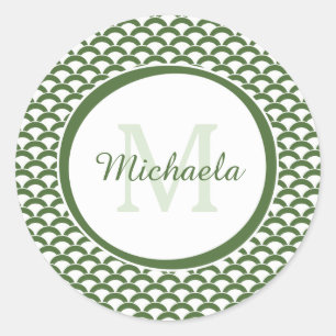 Sticker Rond Monogramme et nom des pétoncles verts et blancs mo