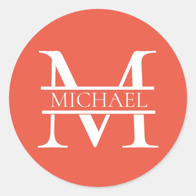 Sticker Rond Monogramme et nom d'orange élégant personnalisé (Devant)