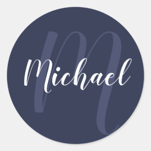 Sticker Rond Monogramme et nom personnalisé moderne Navy Blue