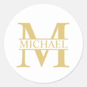 Sticker Rond Monogramme et nom personnalisés blanc et or