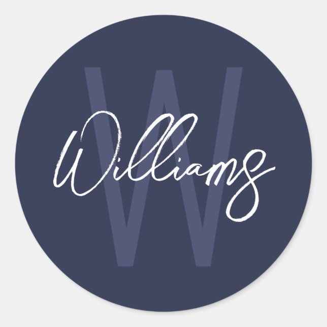 Sticker Rond Monogramme et nom personnalisés de Navy Blue Scrip (Devant)