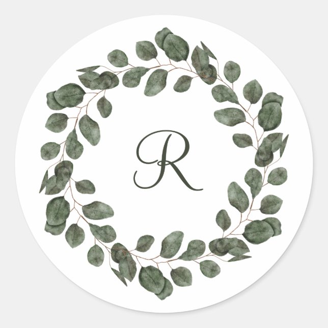 Sticker Rond Monogramme Eucalyptus Feuilles Élégant moderne (Devant)