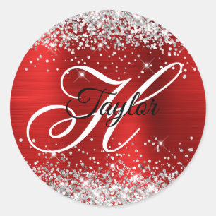 Sticker Rond Monogramme fantaisie argent pailleté feuille rouge