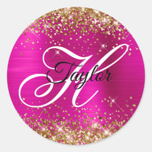 Sticker Rond Monogramme fantaisie pailleté or rose chaud feuill