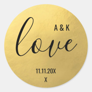 Sticker Rond Monogramme Faux Gold Foil LOVE Script Mariage noir