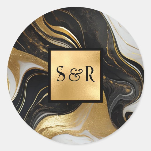 Sticker Rond Monogramme Faux Gold, noir blanc marbré Mariage (Devant)