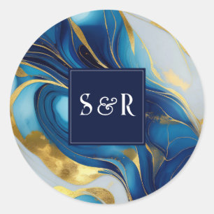 Sticker Rond Monogramme Faux Mariage marbré or, bleu et blanc